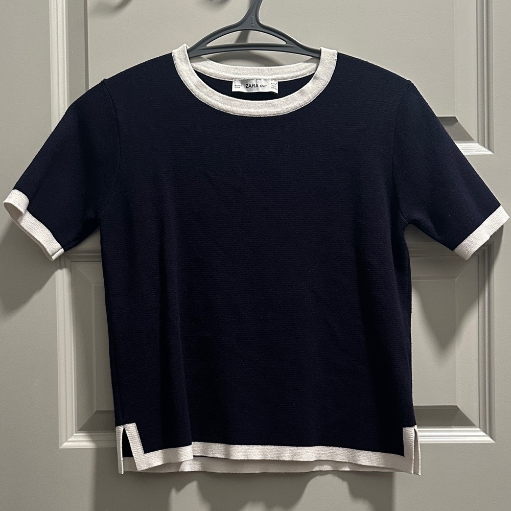 Zara Navy and White Short Sleeve Tee